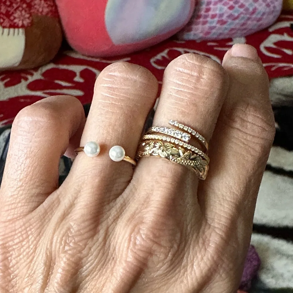 925 Sterling Silver Open Bypass Pearl Ring Adjustable Size 5-7 Minimalist